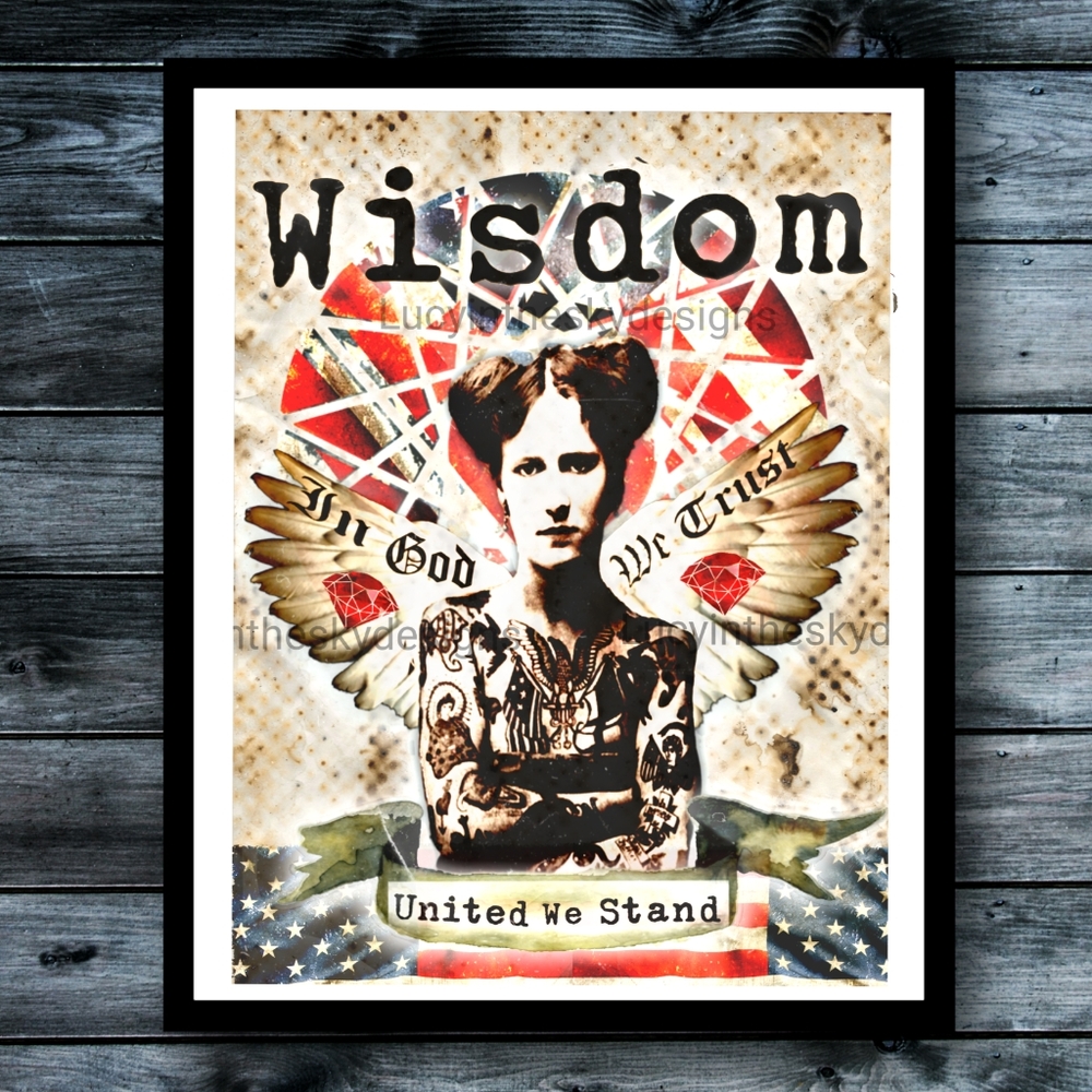 Wisdom Angel Patriotic Hope Art Print Americana Mixed Media Wall Decor